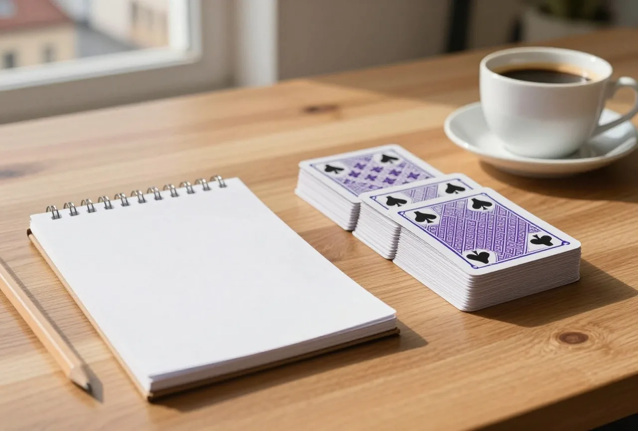 Ein Bleistift auf einem leeren Notizblock neben einem Stapel verdeckter Spielkarten und einer Kaffeetasse