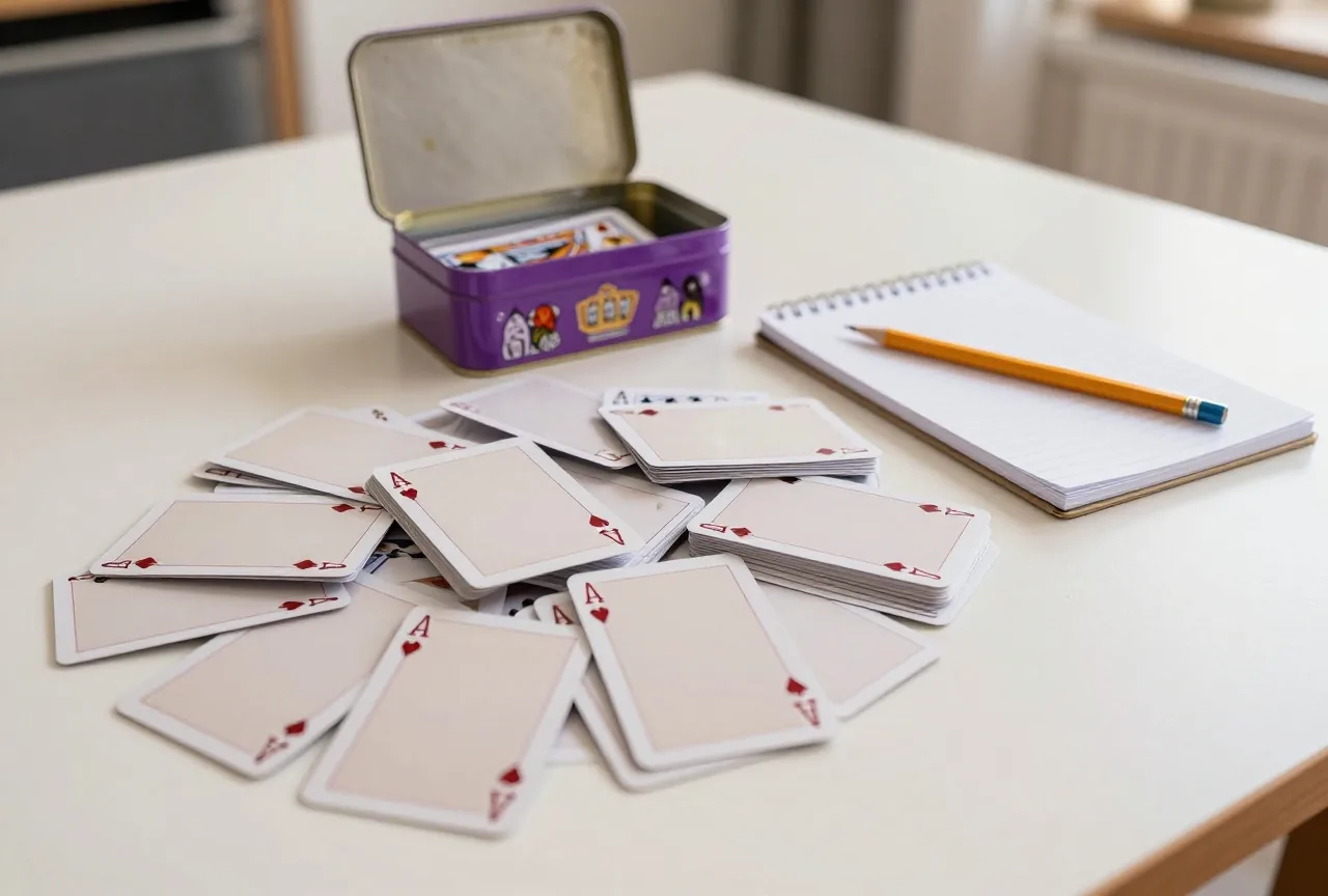 Ein großer Stapel Spielkarten mit hellen Rückseiten neben einer offenen Blechdose, Bleistift und Notizblock