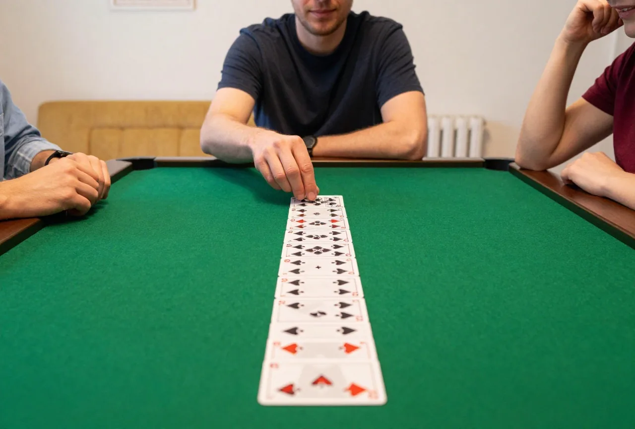 Eine Hand legt eine einzelne Karte aus einer langen Reihe auf einen von vier freien Plätzen