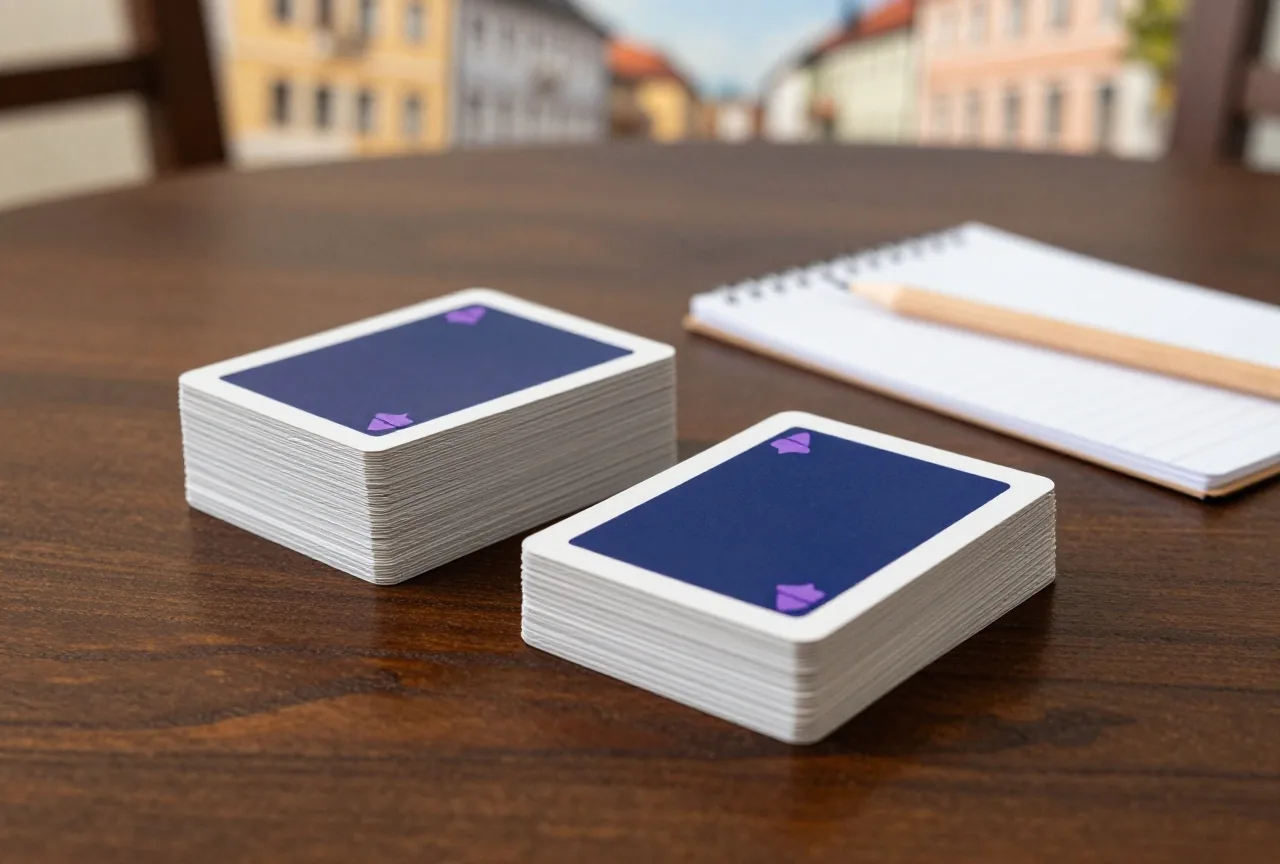 Ein Stapel Spielkarten mit dunkelblauen Rückseiten neben einem kleinen Block und einem Bleistift auf dunklem Holz