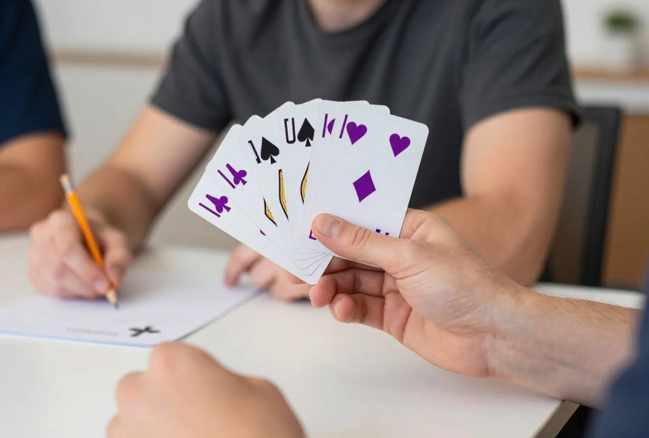 Eine Hand hält einen kleinen Kartenfächer, die andere liegt neben Bleistift und Block auf dem Tisch