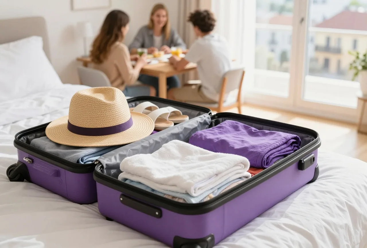 Ein offener Koffer auf einem Bett mit gefalteter Kleidung, Sonnenhut, Handtuch und Sandalen