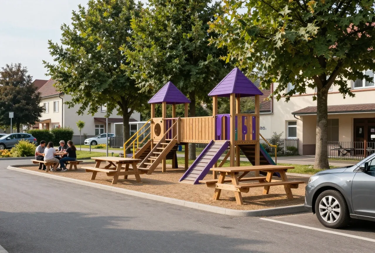 Ein Rastplatz an der Autobahn mit kleinem Holzspielplatz, Picknicktischen und hohen Bäumen