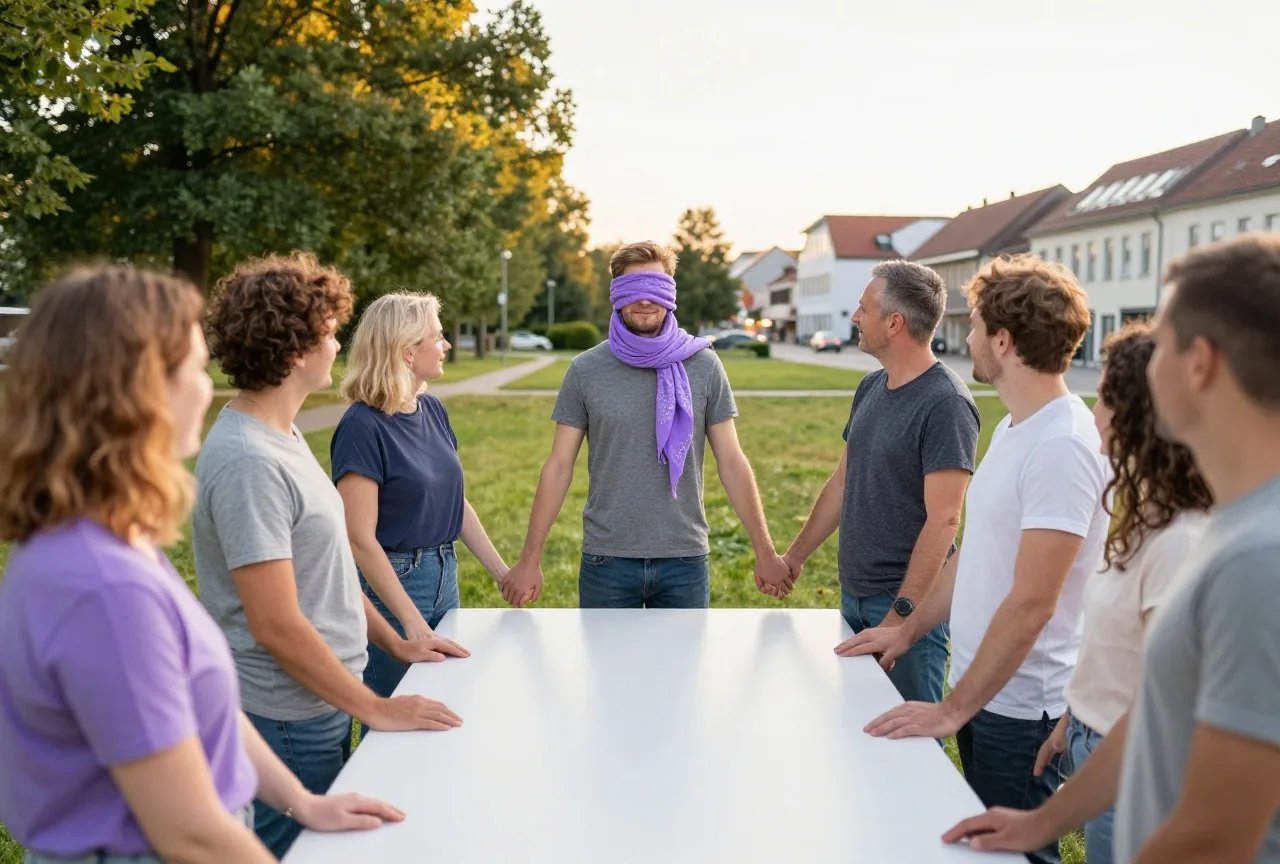 Erwachsene fassen sich auf einer Wiese an den Händen und bilden einen Kreis um einen Mann mit verbundenen Augen