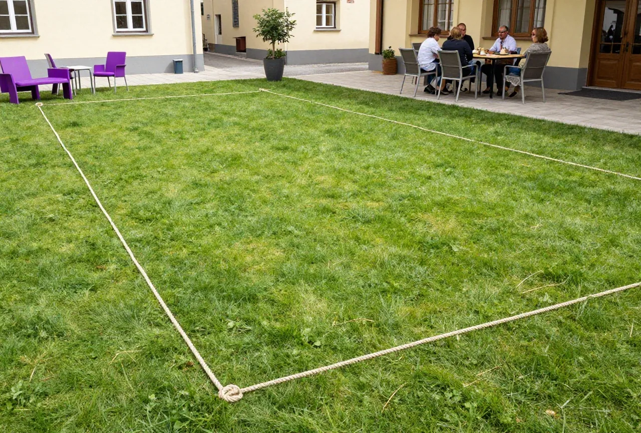 Eine ebene Rasenfläche ist mit einem ausgelegten Seil abgegrenzt, die Gartenmöbel stehen am Rand