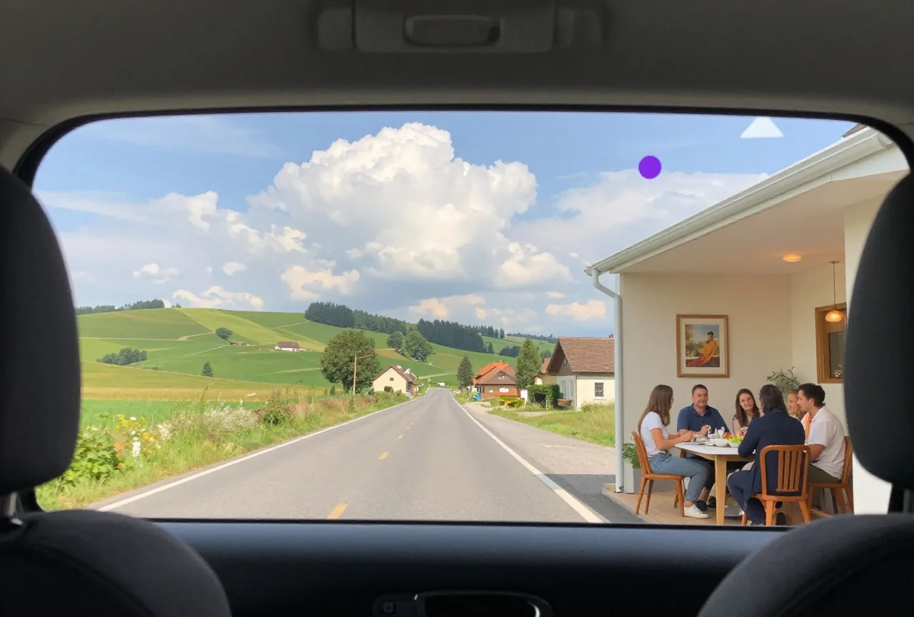 Blick von der Rückbank durch die Frontscheibe auf eine Landstraße mit grünen Hügeln und einer großen Wolke