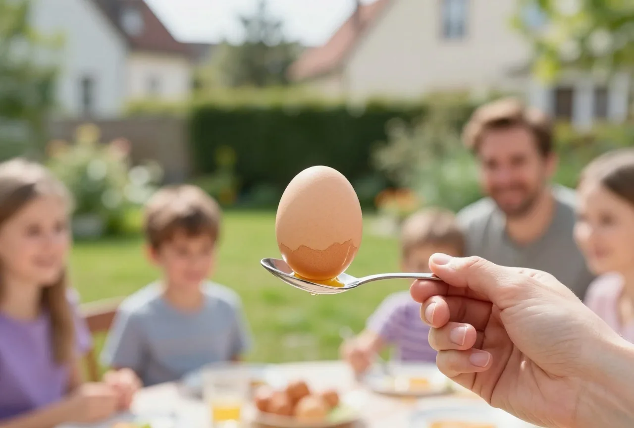 Eine Hand hält einen Esslöffel mit einem rohen Ei darauf über einen sonnigen Rasen