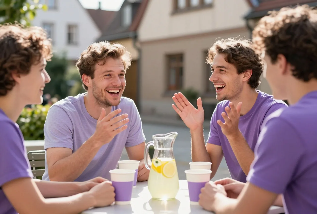 Zwei Erwachsene sitzen lachend an einem Gartentisch, einer stellt mit lebhaften Handbewegungen etwas dar