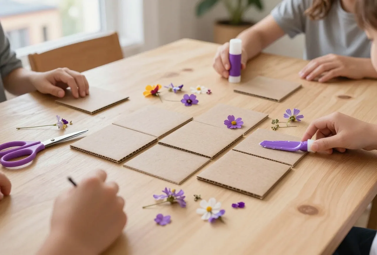 Selbst gebastelte Pappkärtchen mit gepressten Blumen, Klebestift und Schere auf einem Basteltisch