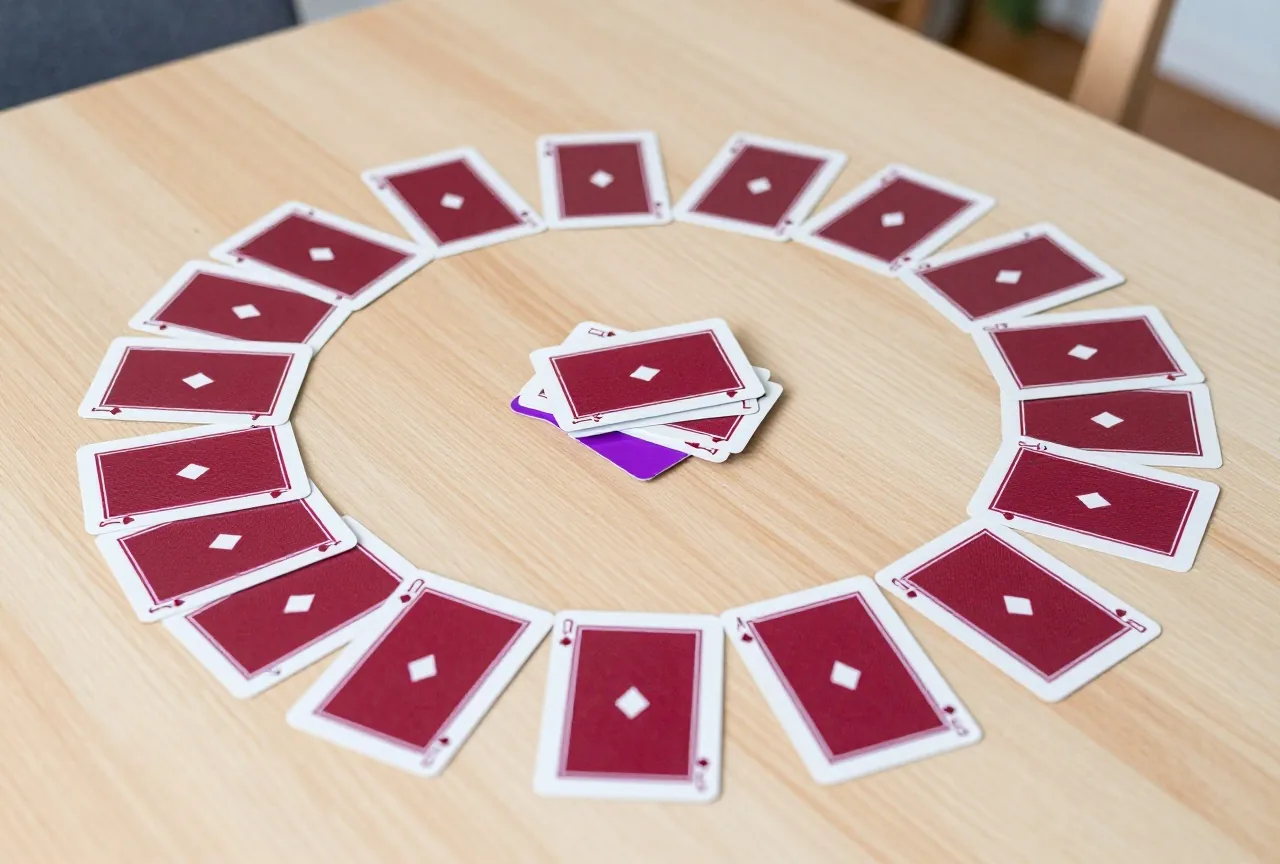 Verdeckte Spielkarten mit dunkelroten Rückseiten liegen kreuz und quer auf einem hellen Holztisch