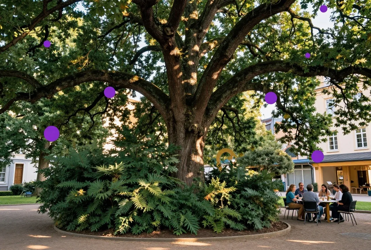 Eine alte breite Eiche in einem ruhigen Park, dichte Büsche am Stamm, Sonnenflecken im Laub
