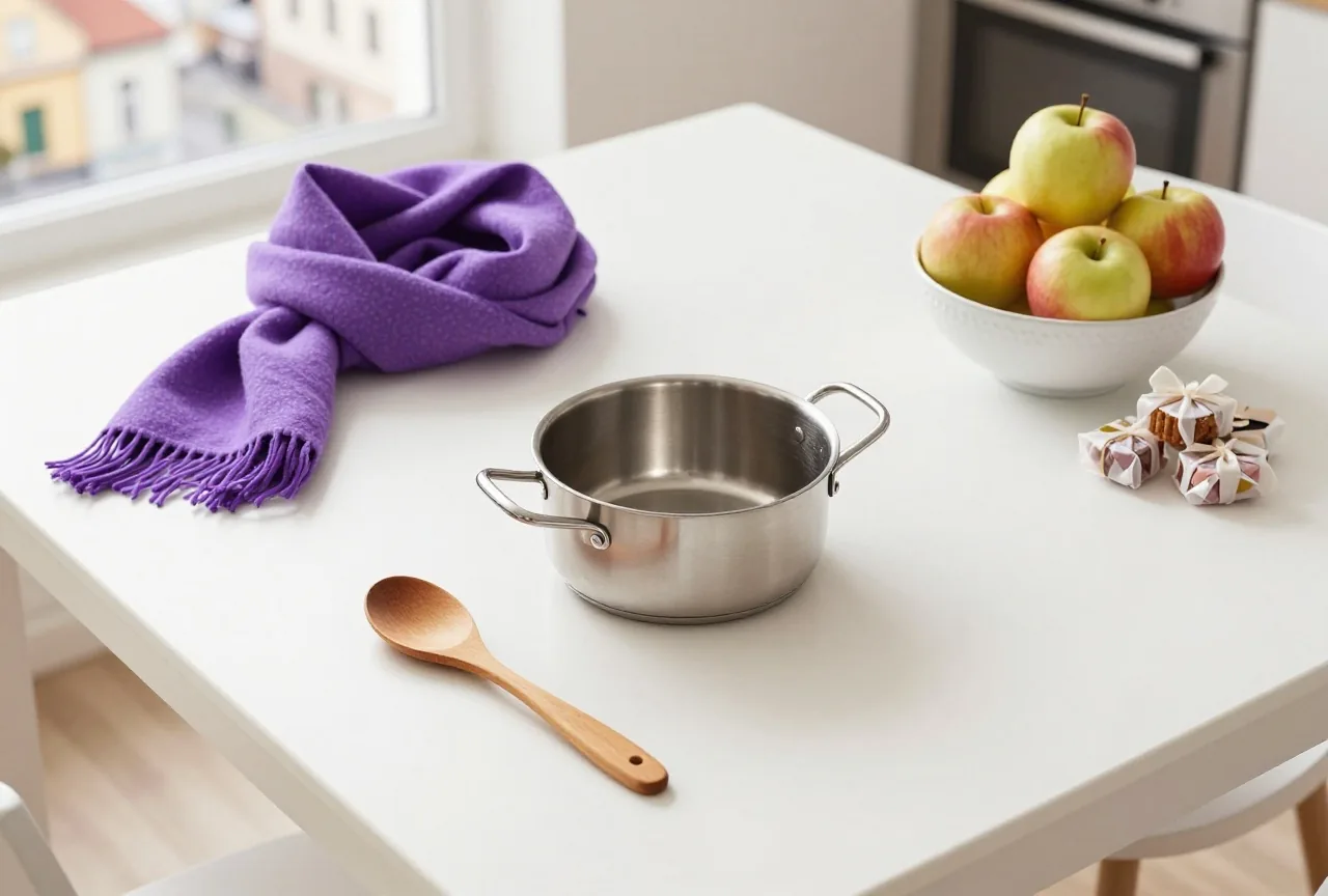 Ein Küchentisch von oben mit kleinem Topf, Holzlöffel, gefaltetem Tuch und einer Schale mit Äpfeln und Süßigkeiten