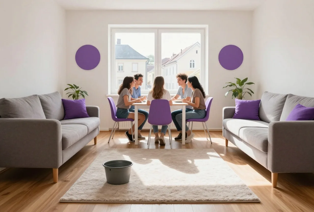 Ein ausgeräumtes Wohnzimmer mit Möbeln an den Wänden, in der Mitte ein Teppich mit umgedrehtem Topf