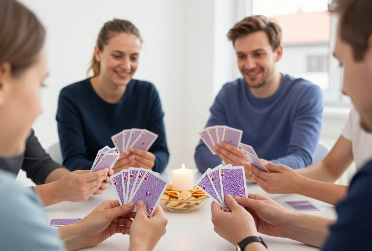 Vier Erwachsene am Tisch, nur Hände mit aufgefächerten Spielkarten zu sehen, daneben Kerzenlicht und eine Schale mit Knabbereien