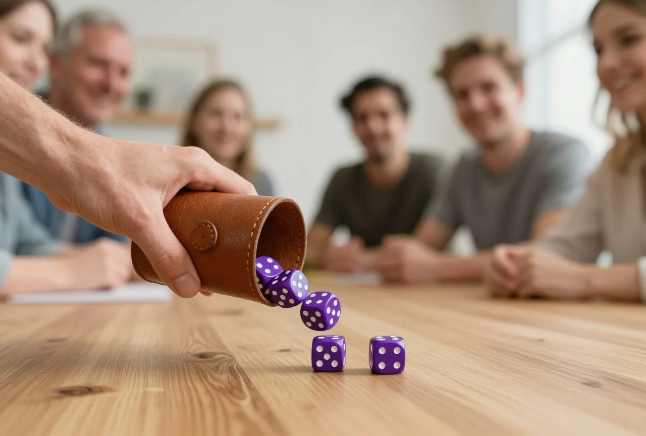 Eine Hand kippt einen Würfelbecher aus Leder, fünf Würfel rollen über den Holztisch