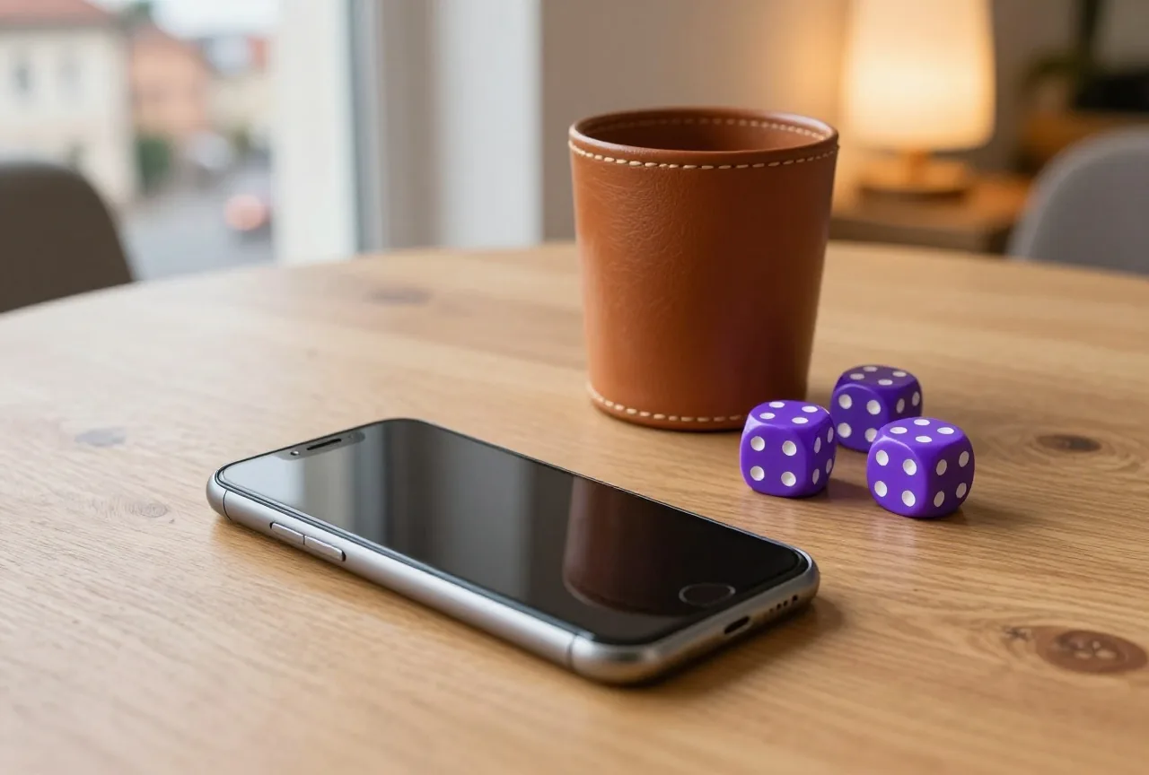Ein umgedrehtes Smartphone neben einem Lederbecher und fünf Würfeln auf einem Holztisch