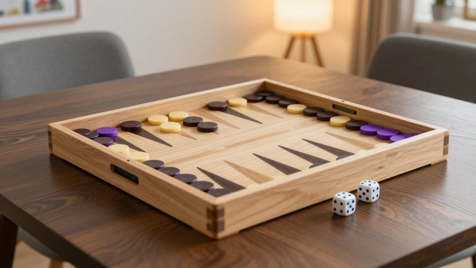 Ein aufgeklapptes Backgammon-Brett aus Holz mit hellen und dunklen Steinen in Grundaufstellung, daneben zwei Würfel