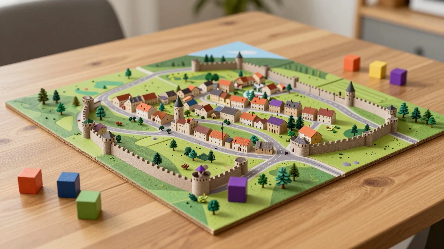 Quadratische Landschaftsplättchen mit Straßen, ummauerten Städten und Wiesen, darauf kleine Holzwürfel in mehreren Farben