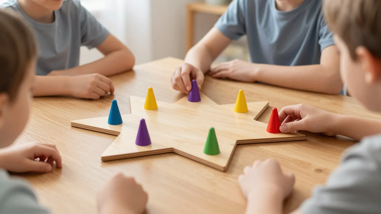Ein sternförmiges Spielbrett aus Holz mit kegelförmigen Spielfiguren in sechs Farben in den Zacken