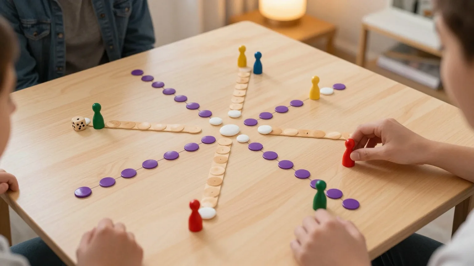 Ein Brettspiel von oben mit verzweigten Wegen aus runden Feldern, weißen Sperrsteinen und bunten Holzfiguren