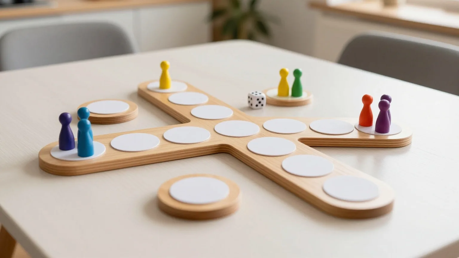 Ein kreuzförmiges Laufspiel aus Holz auf einem Küchentisch mit bunten Figuren
