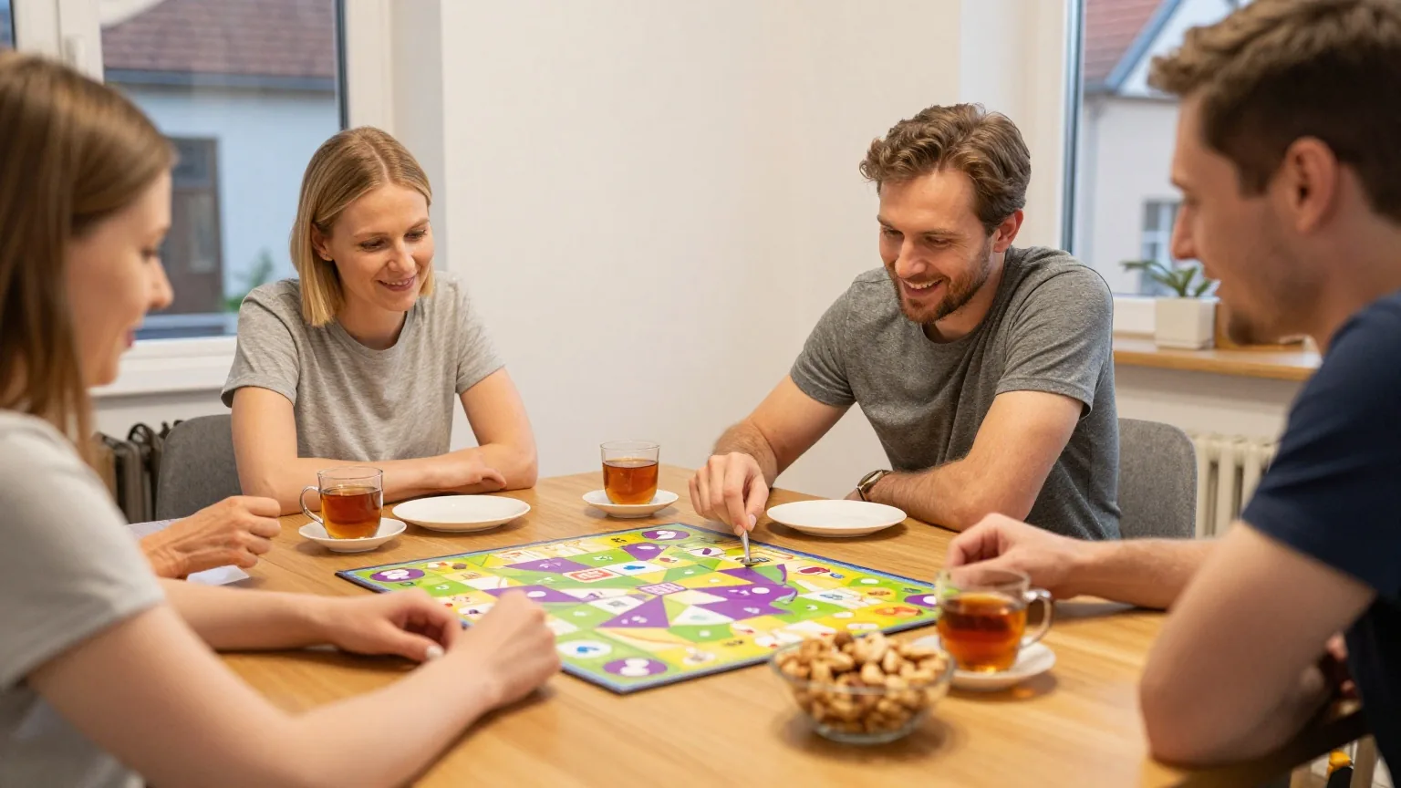 Vier Erwachsene sitzen am Abend um einen Holztisch und spielen ein Familienbrettspiel, eine Person lehnt sich lächelnd zurück