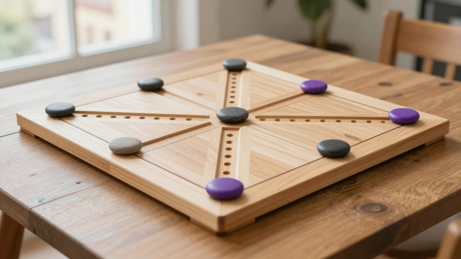 Ein Mühlebrett aus Holz mit drei ineinanderliegenden Quadraten, darauf helle und dunkle runde Steine