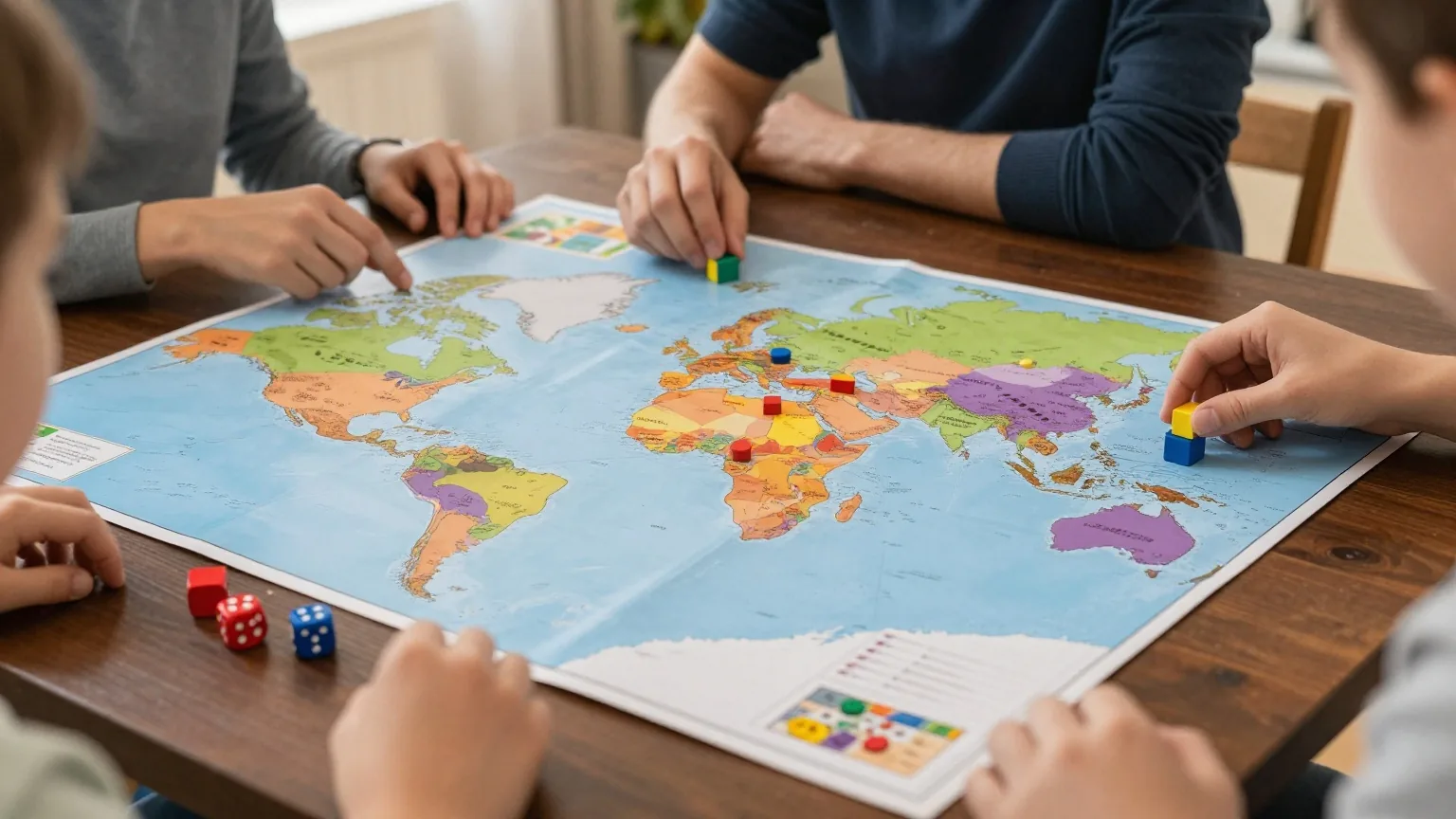 Eine handbemalte Weltkarte als Spielplan, darauf kleine Holzwürfel in fünf Farben und rote und blaue Würfel