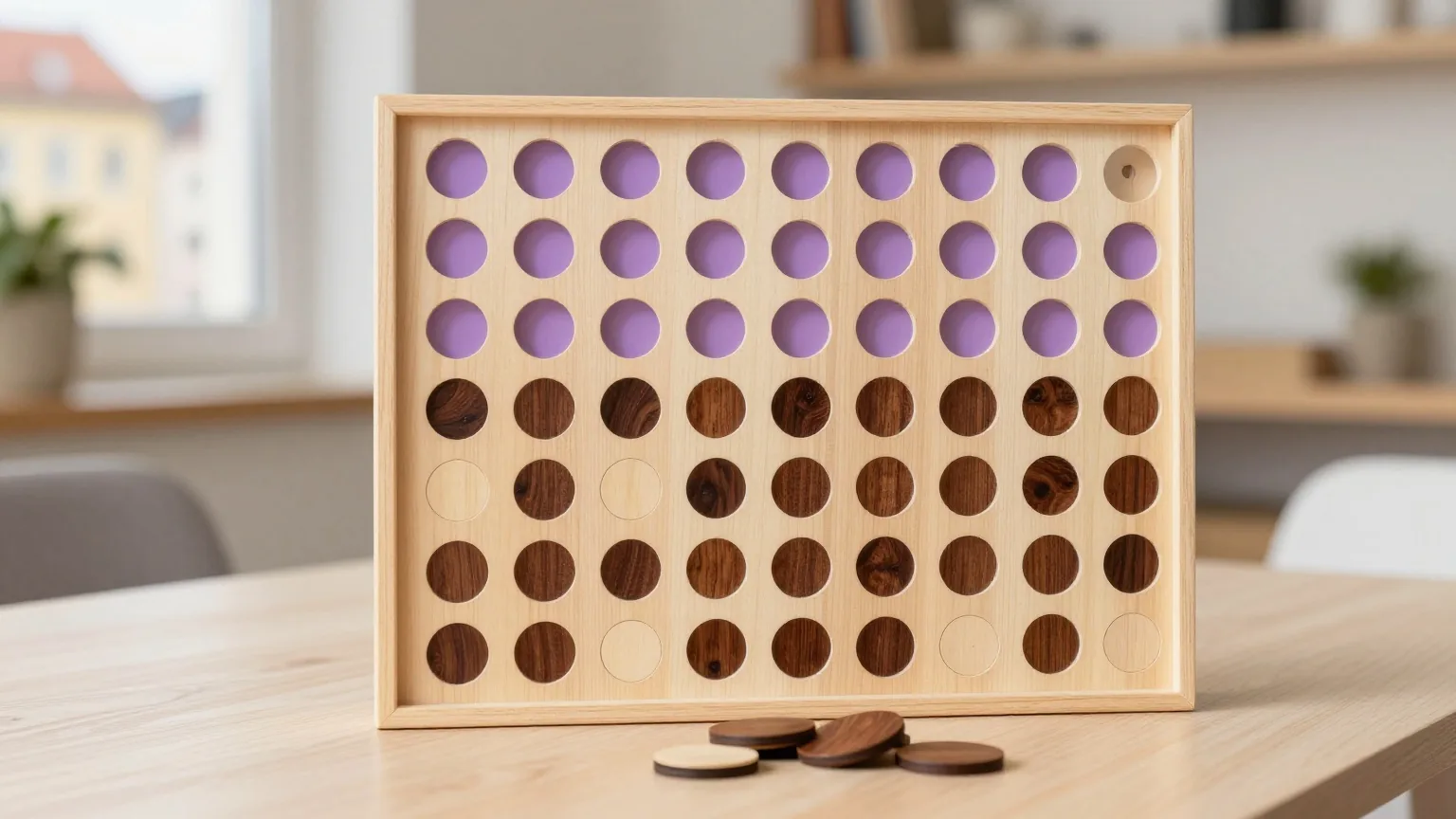 Ein senkrechtes Raster aus Holz mit dunklen und hellen runden Chips steht auf einem Tisch