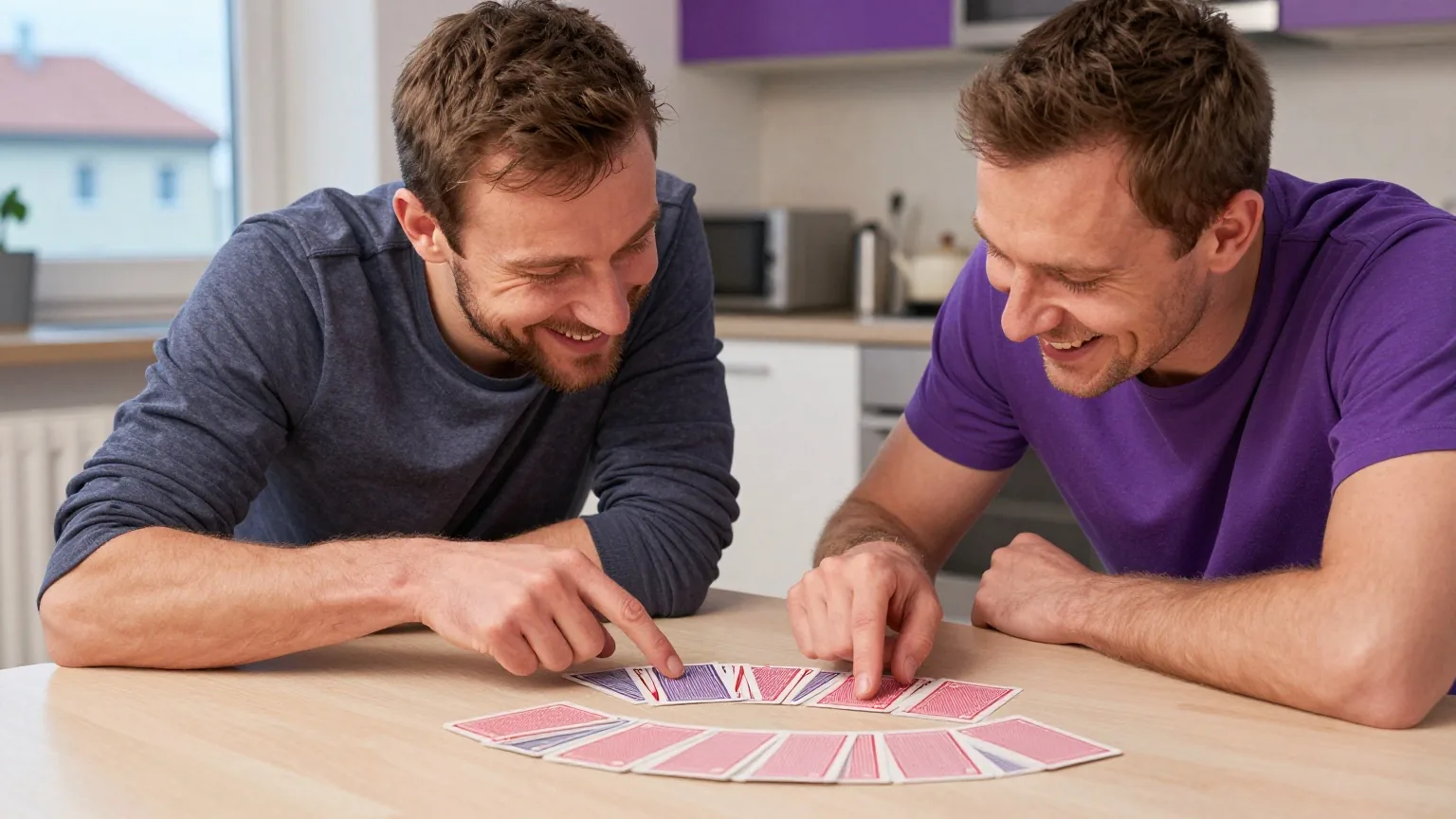 Zwei Erwachsene beugen sich am Küchentisch über aufgefächerte Spielkarten von hinten, einer zeigt auf die Karten