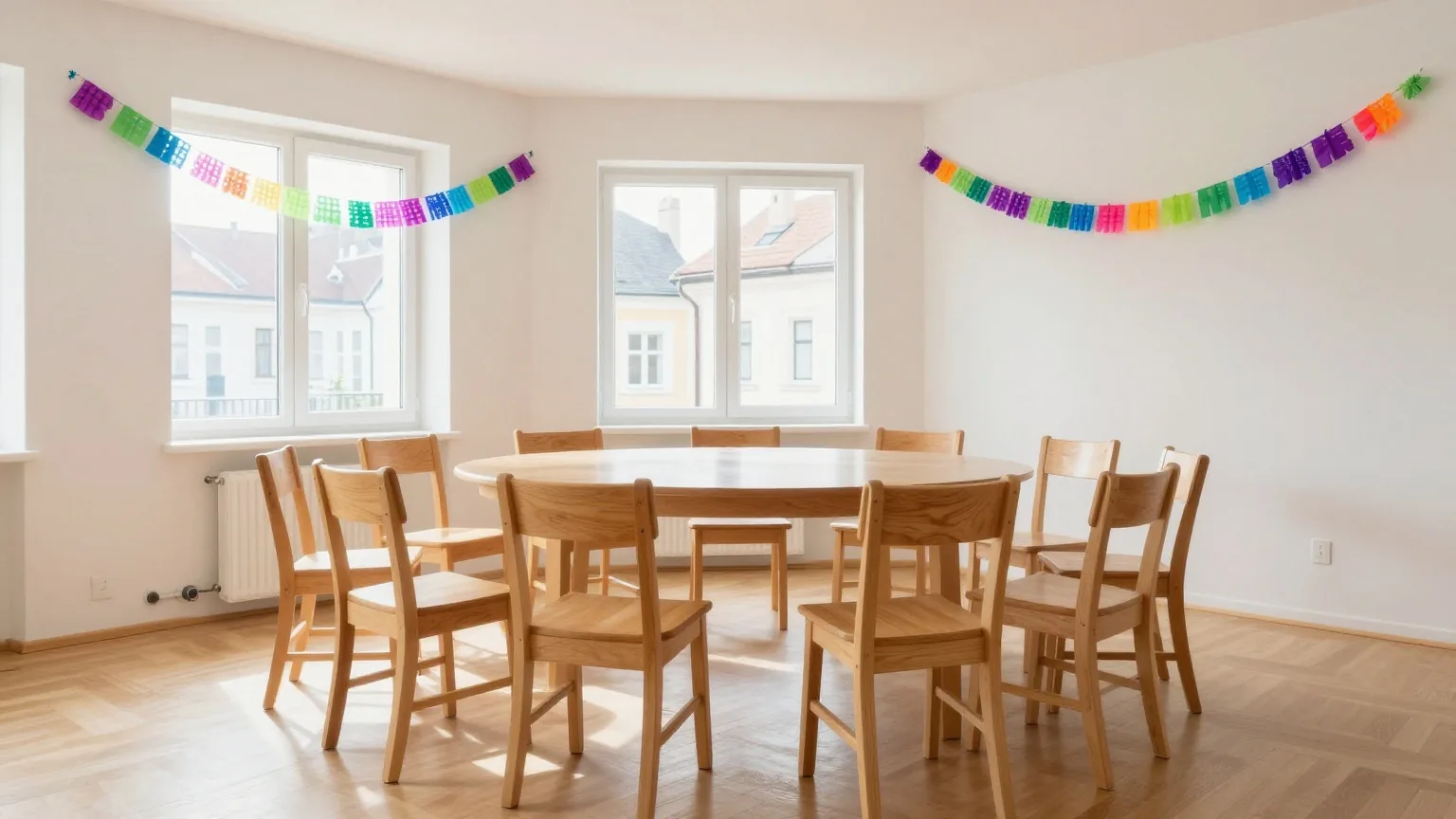 Ein Kreis aus Holzstühlen mit den Sitzflächen nach außen in einem hellen Wohnzimmer mit bunten Girlanden