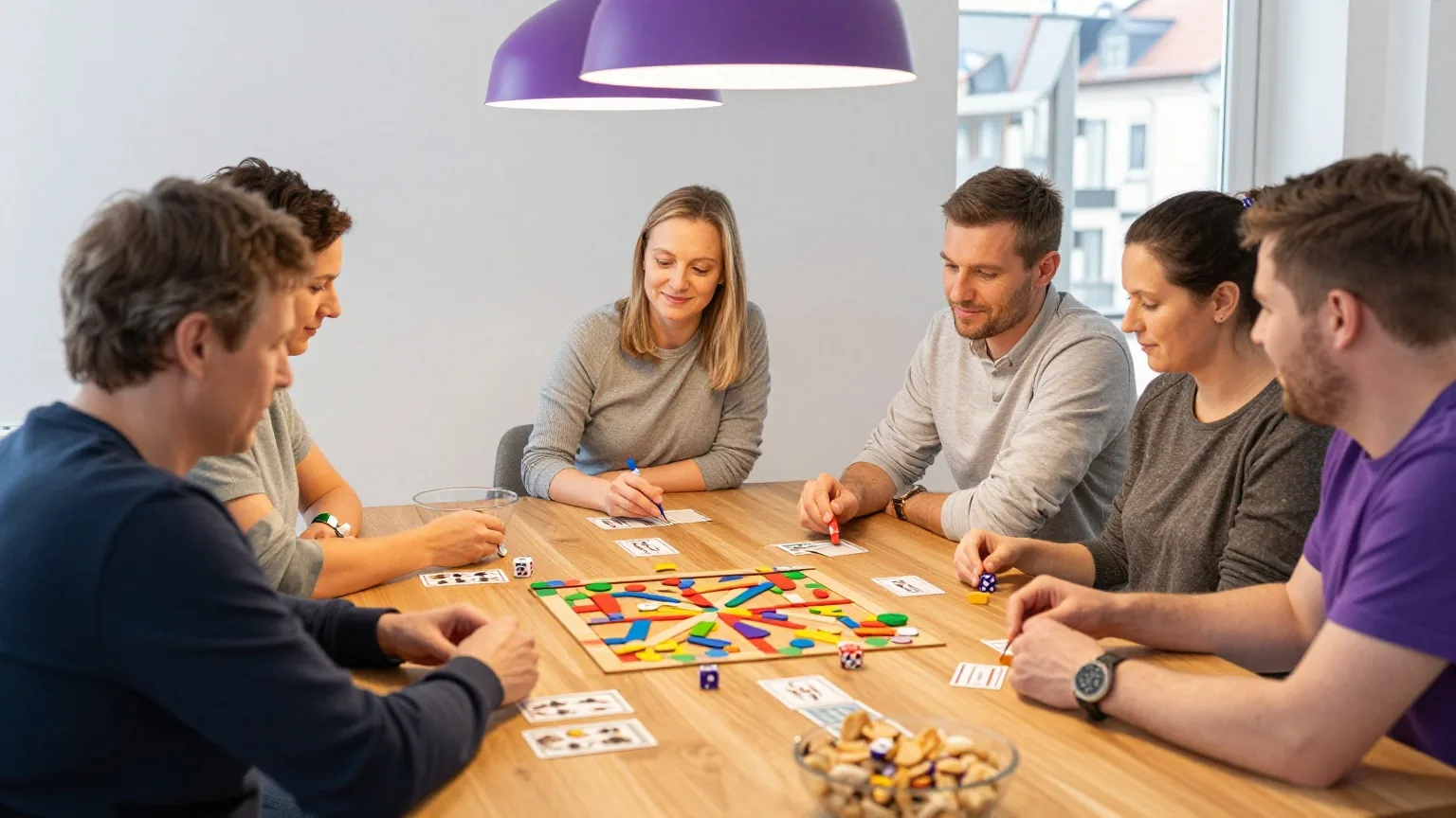 Sechs Erwachsene sitzen an einem großen Holztisch mit bunten Spielfiguren, Würfeln und verdeckten Karten