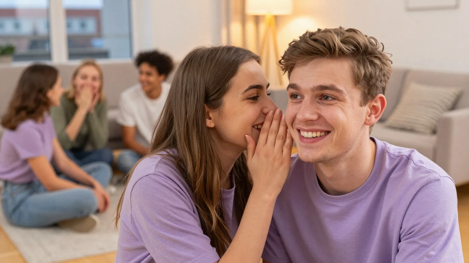 Eine junge Frau flüstert einem lächelnden jungen Mann etwas ins Ohr, im Hintergrund sitzen Freunde im Kreis