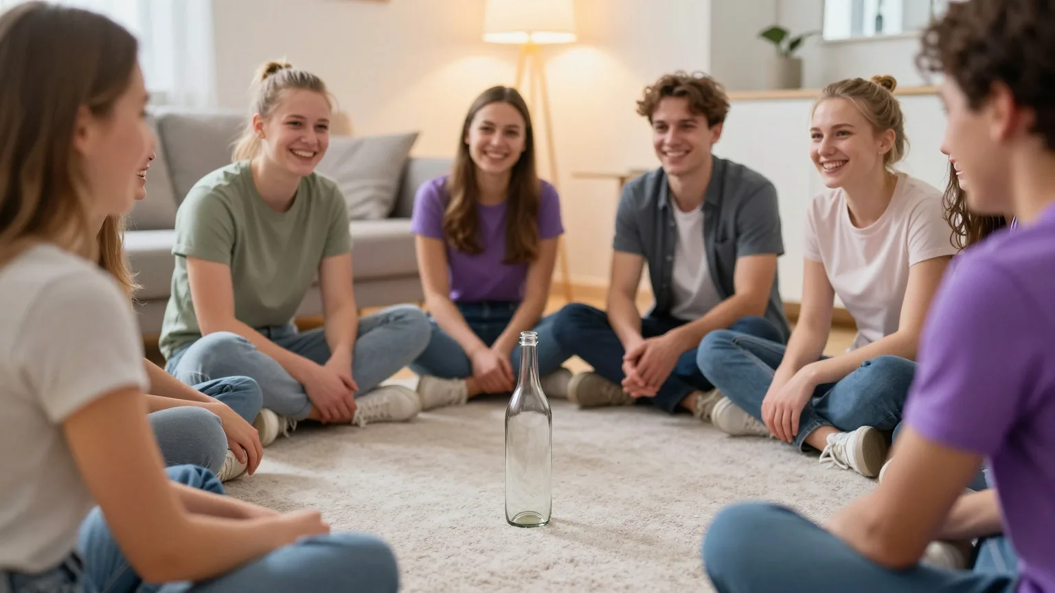 Junge Erwachsene sitzen im Kreis auf einem Teppich, in der Mitte dreht sich eine leere Glasflasche