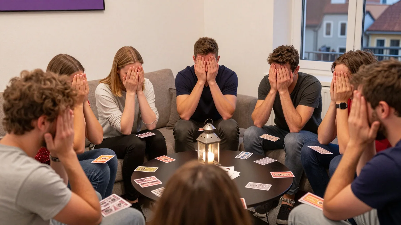 Erwachsene sitzen im Kreis in einem dunklen Wohnzimmer mit Laterne, die Hände auf verdeckten Karten, Gesichter nicht im Bild