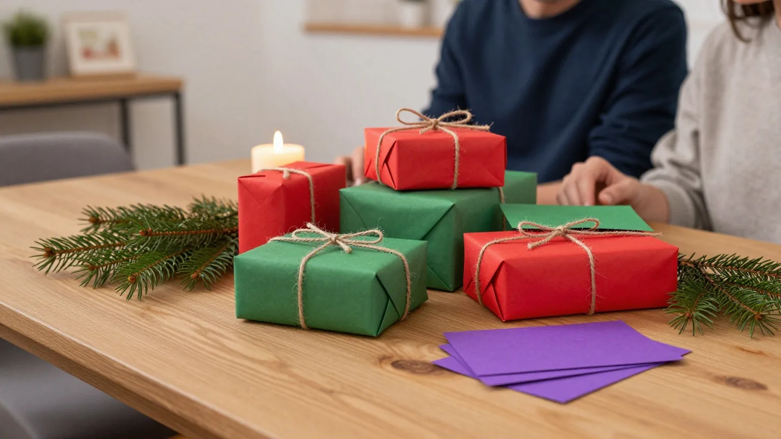 Mehrere in rotes und grünes Papier gewickelte Geschenke auf einem Holztisch, daneben gefaltete Zettel, Tannenzweige und eine Kerze