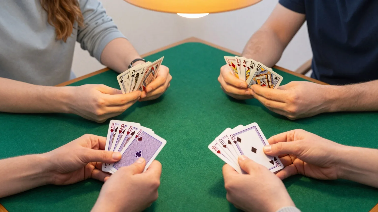 Vier Paar Hände halten verdeckte Spielkarten an einem quadratischen Tisch mit grünem Filz im warmen Lampenlicht