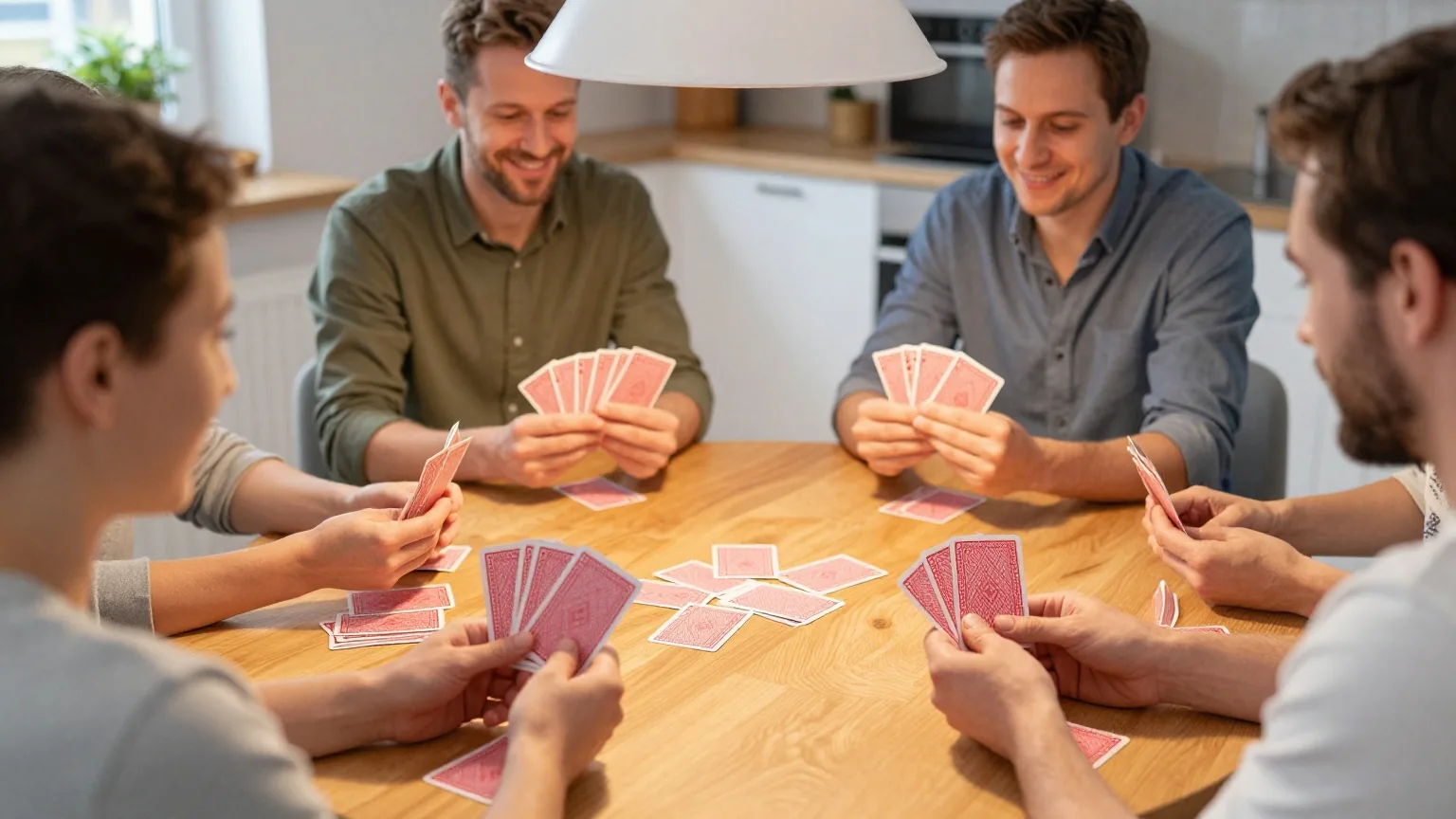 Vier Erwachsene spielen am Holztisch Karten, zu sehen sind nur Hände mit verdeckt gehaltenen Kartenfächern