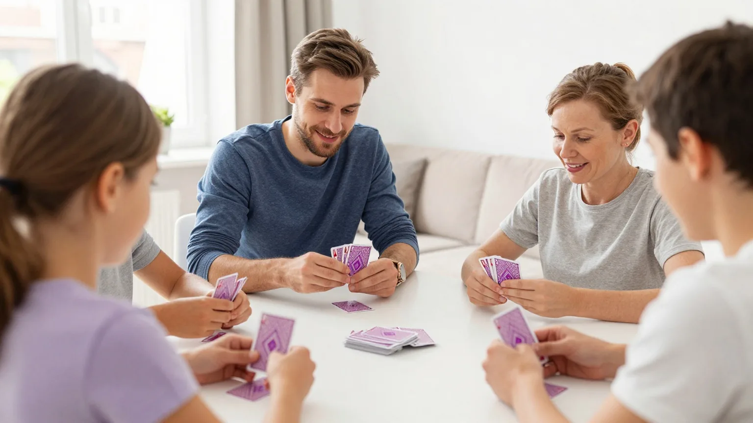 Drei Erwachsene spielen am Esstisch Karten, von hinten gesehen, in der Tischmitte liegt ein kleiner Kartenstapel