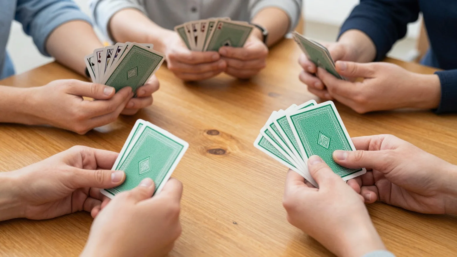 Vier Paar Hände halten Spielkarten mit grüner Rückseite über einem hellen Holztisch einer Gaststube