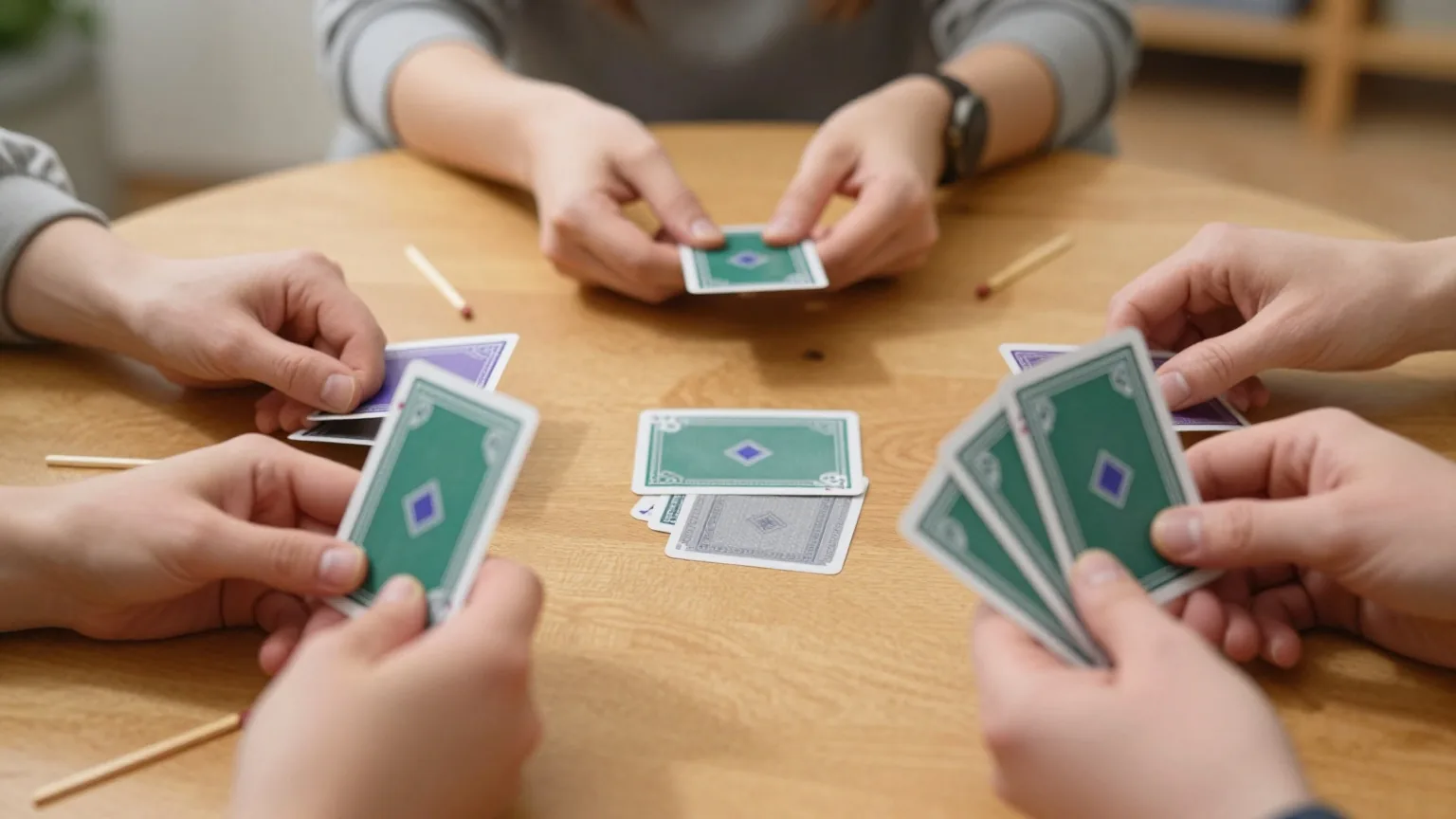 Hände halten je drei Spielkarten über einem runden Holztisch, in der Mitte liegen drei Karten, daneben Streichhölzer