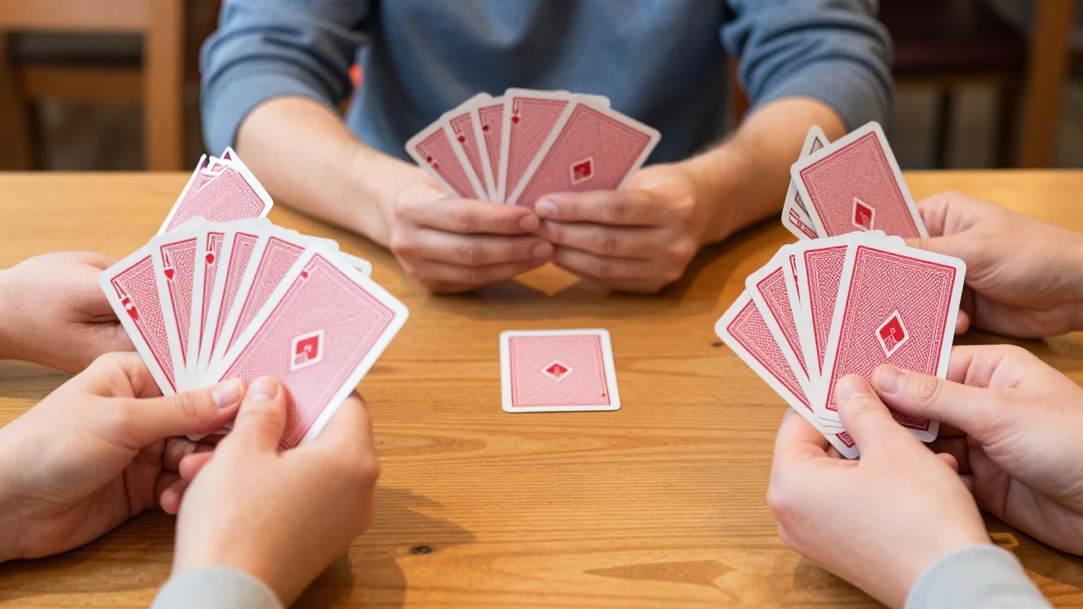 Drei Paar Hände halten aufgefächerte Spielkarten über einem Holztisch, in der Mitte liegen zwei verdeckte Karten