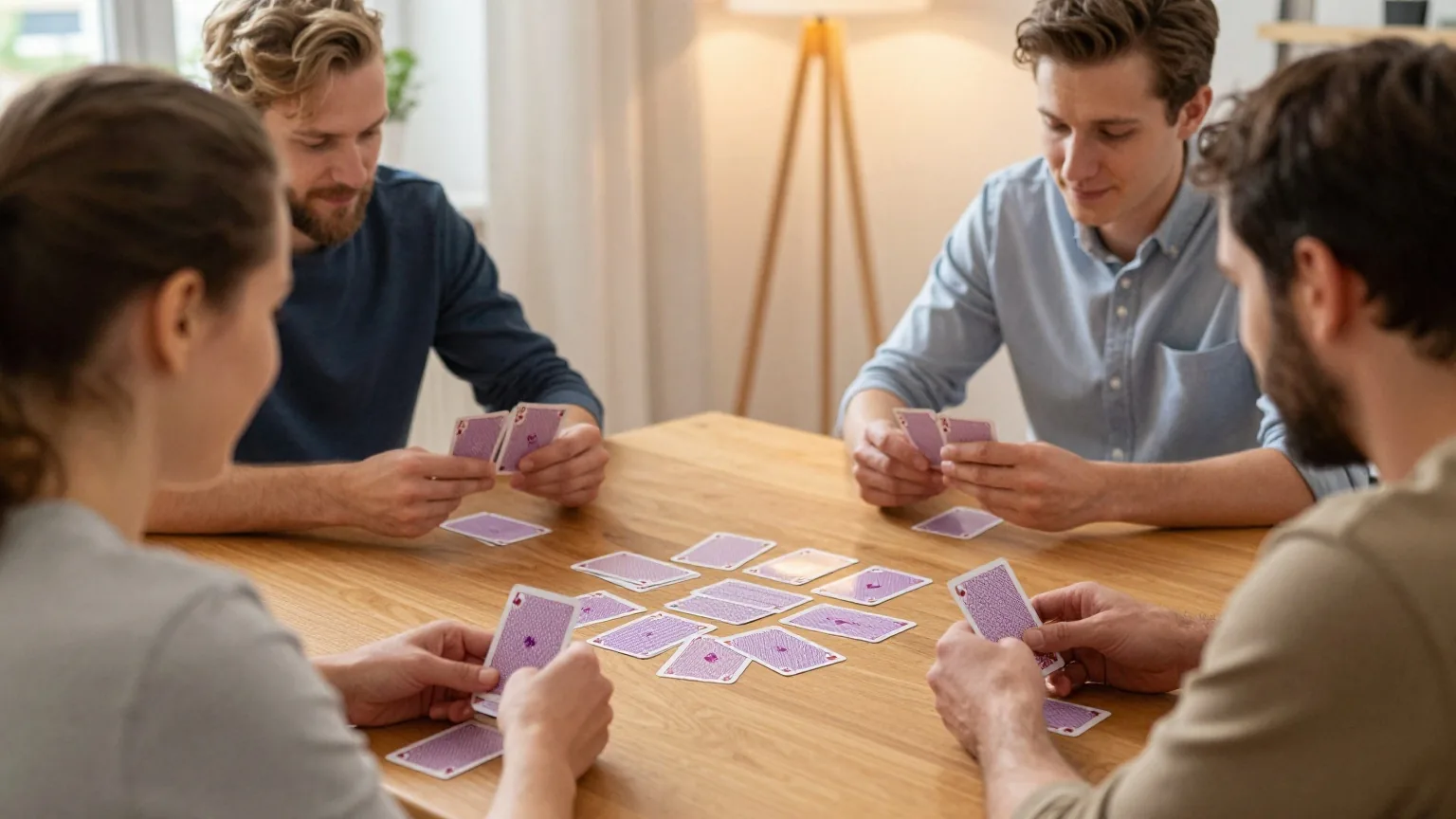 Vier Erwachsene spielen am Esstisch Karten, von hinten gesehen, in der Tischmitte liegt ein loser Kartenstapel