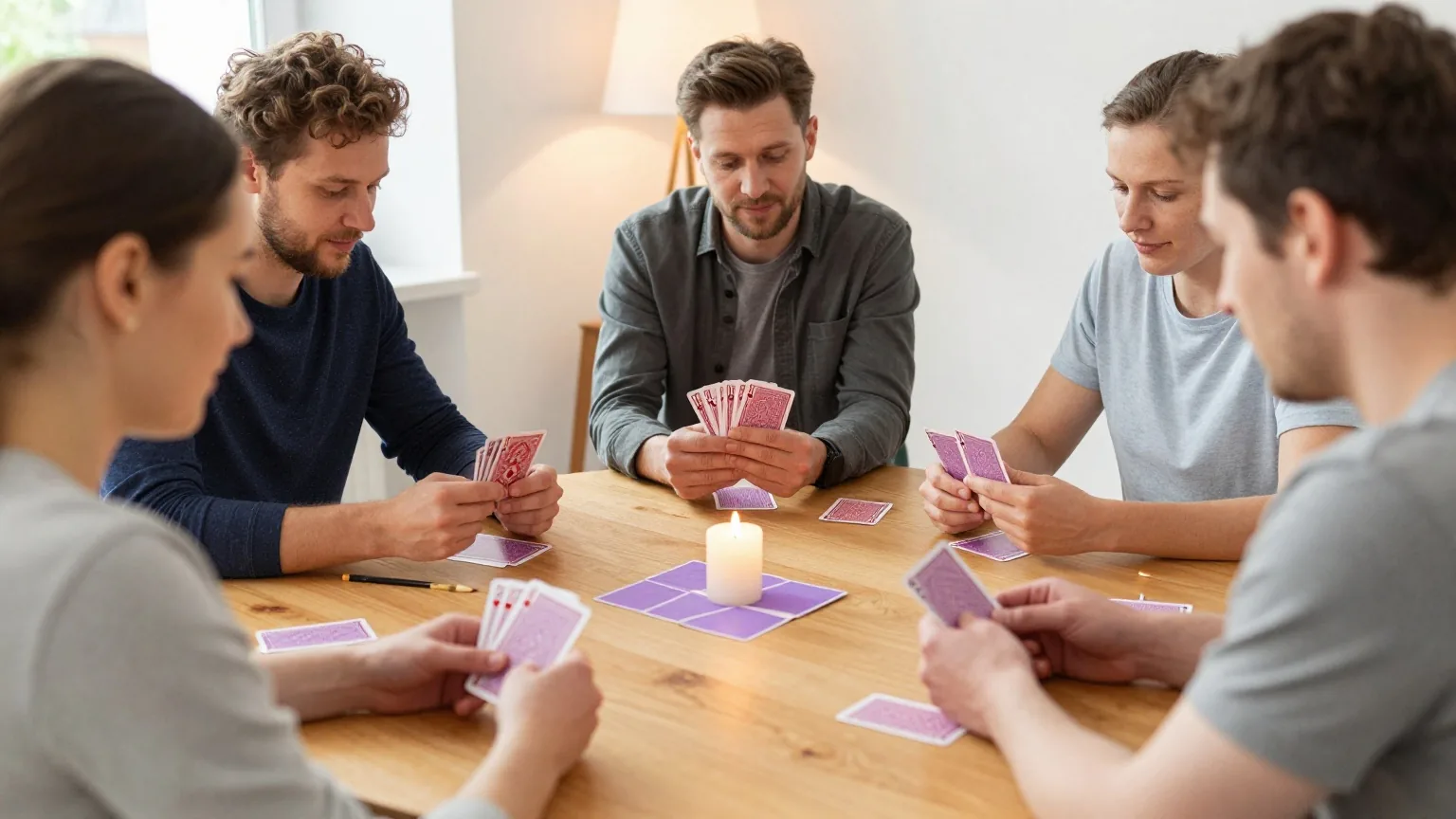Vier Erwachsene spielen an einem runden Holztisch Karten, in der Mitte liegen ein Block und ein Bleistift