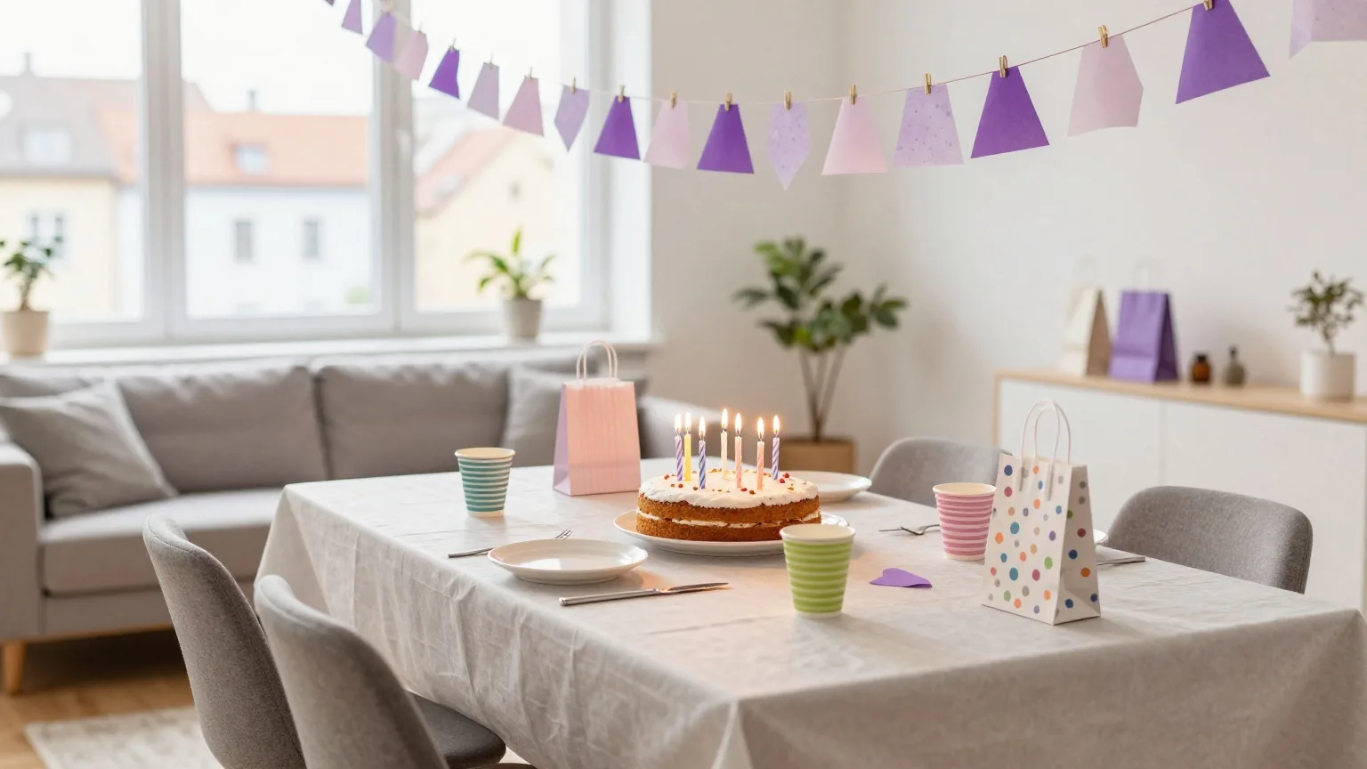 Ein festlich gedeckter Tisch mit Geburtstagskuchen und brennenden Kerzen, Papiergirlanden und kleinen Geschenktüten