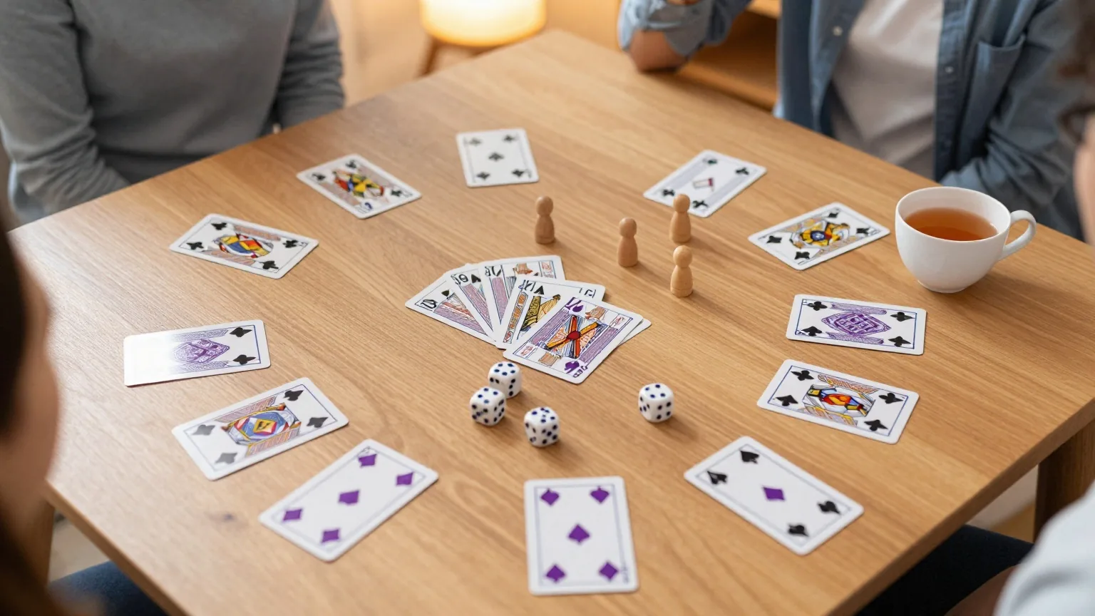 Holztisch von oben mit verdeckten Spielkarten, Würfeln, kleinen Holzfiguren und einer Tasse Tee im warmen Lampenlicht