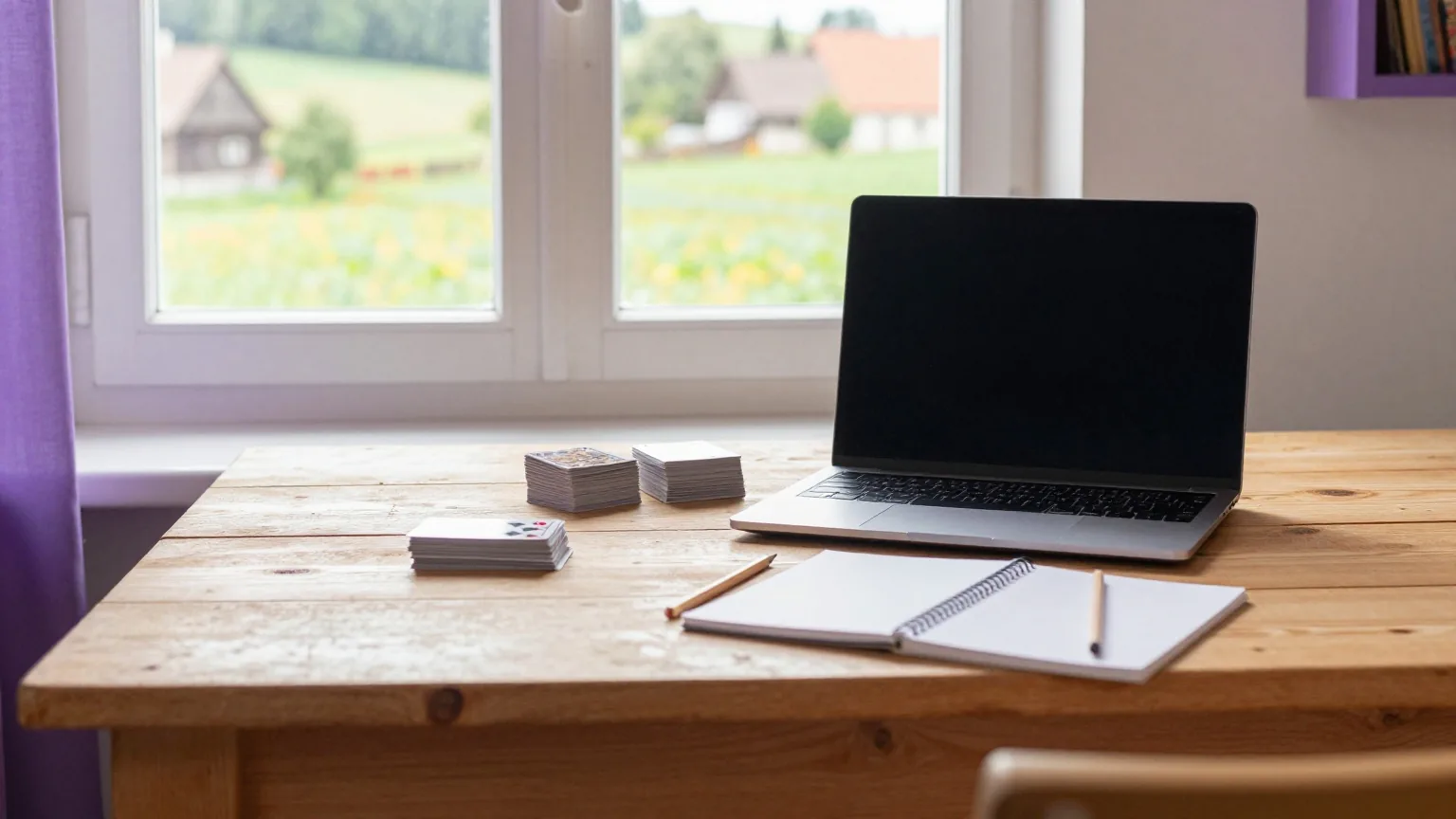 Aufgeräumter Holztisch am Fenster eines Dorfhauses mit zugeklapptem Laptop, verdeckten Spielkarten und Bleistift, draußen grüne Felder